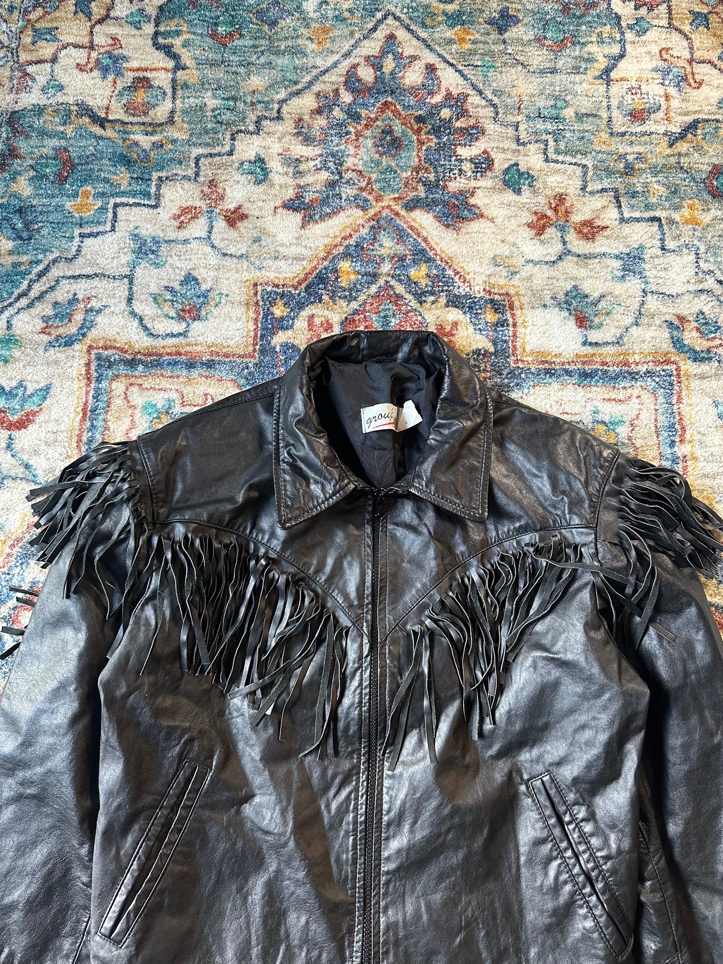 90s Black Tassel Leather Jacket - M