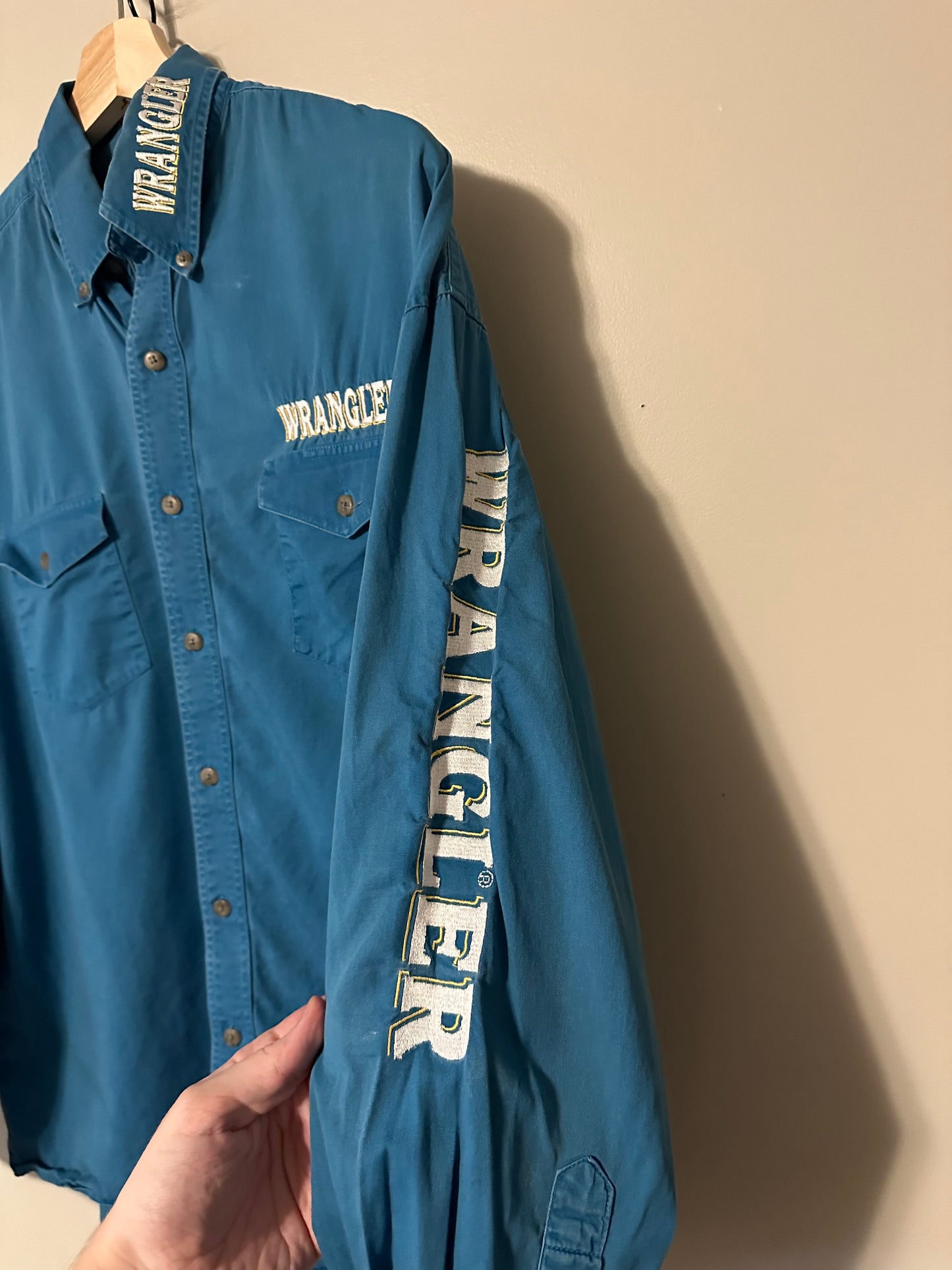 90s Wrangler Blue Spellout Western Button-up Shirt - L