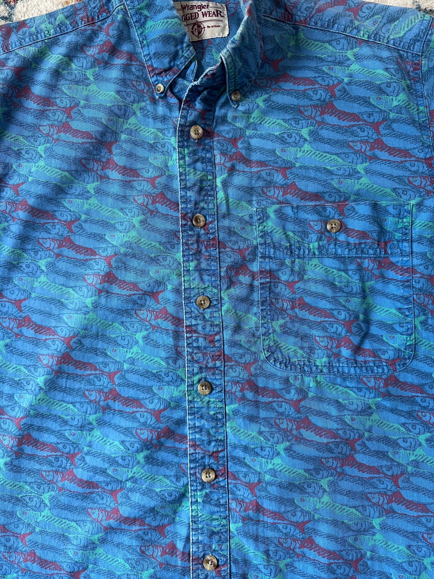 90s Wrangler Rugged Wear Fish All Over Print Button-up Shirt - XL