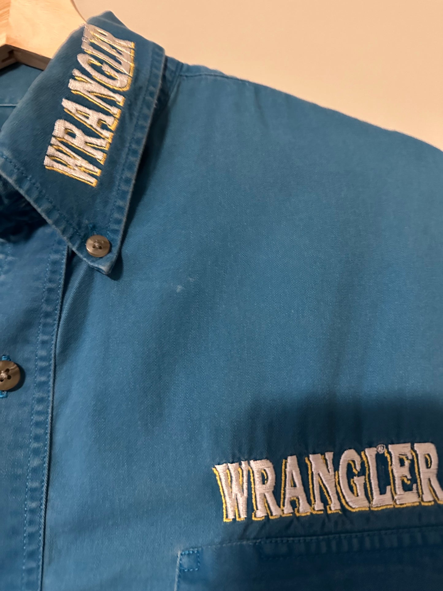 90s Wrangler Blue Spellout Western Button-up Shirt - L
