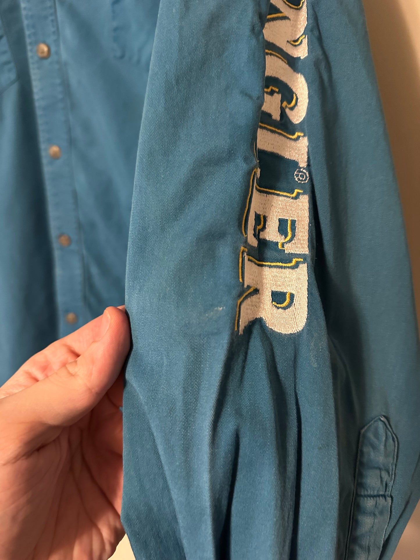 90s Wrangler Blue Spellout Western Button-up Shirt - L