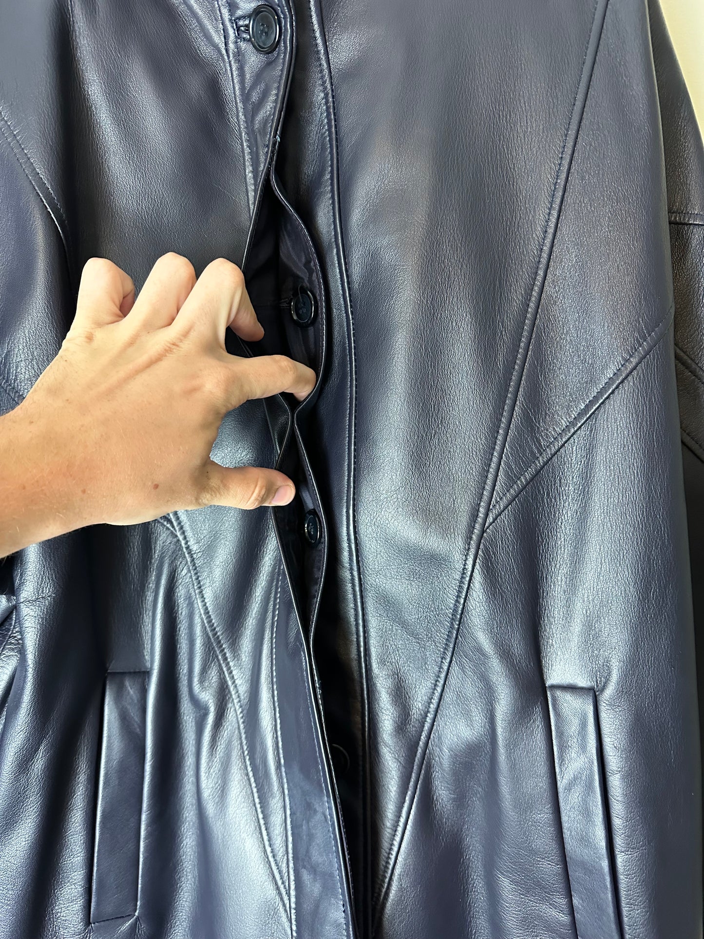 Vintage Fur Town Blue Long Leather Jacket - S
