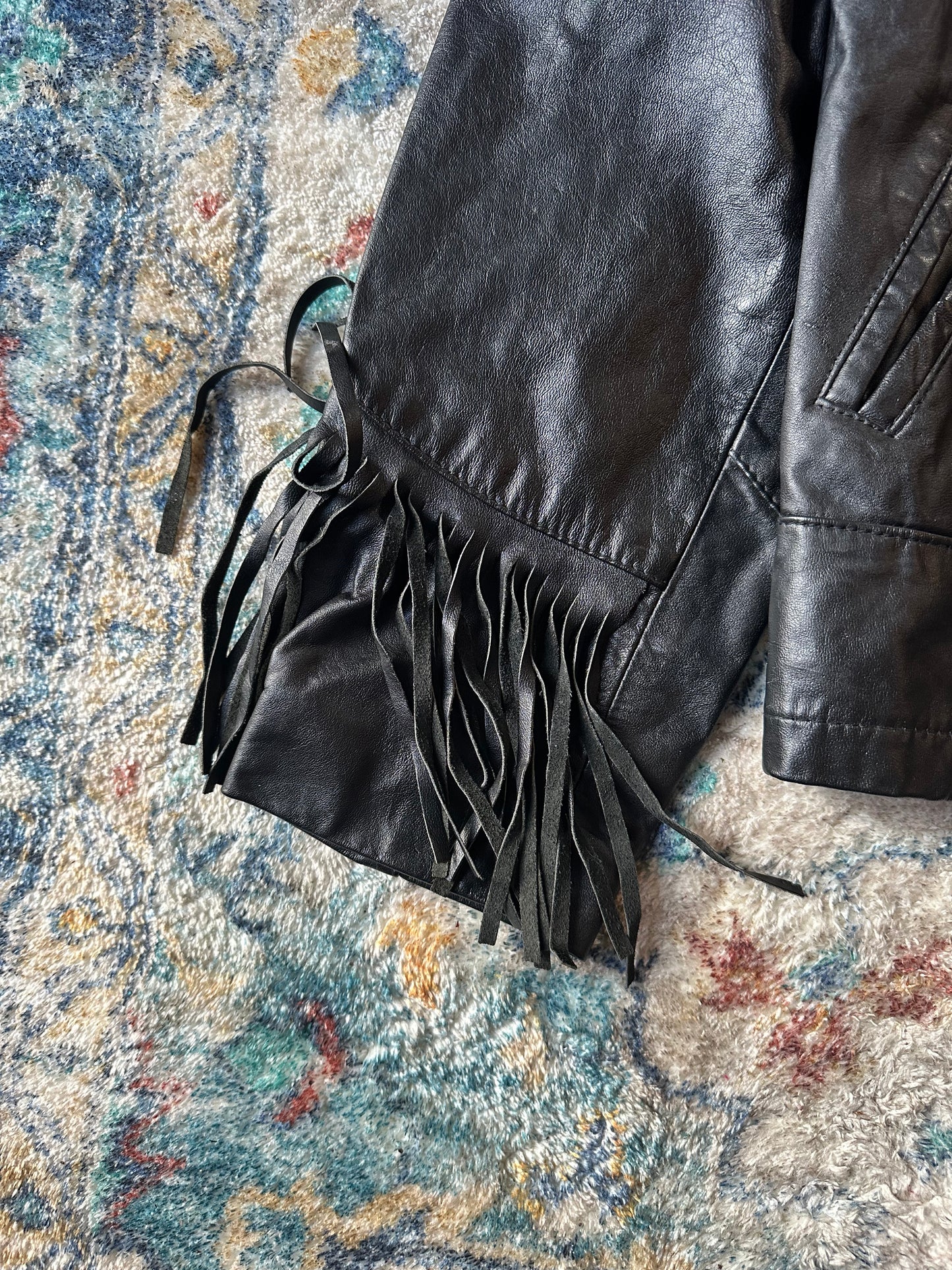 90s Black Tassel Leather Jacket - M