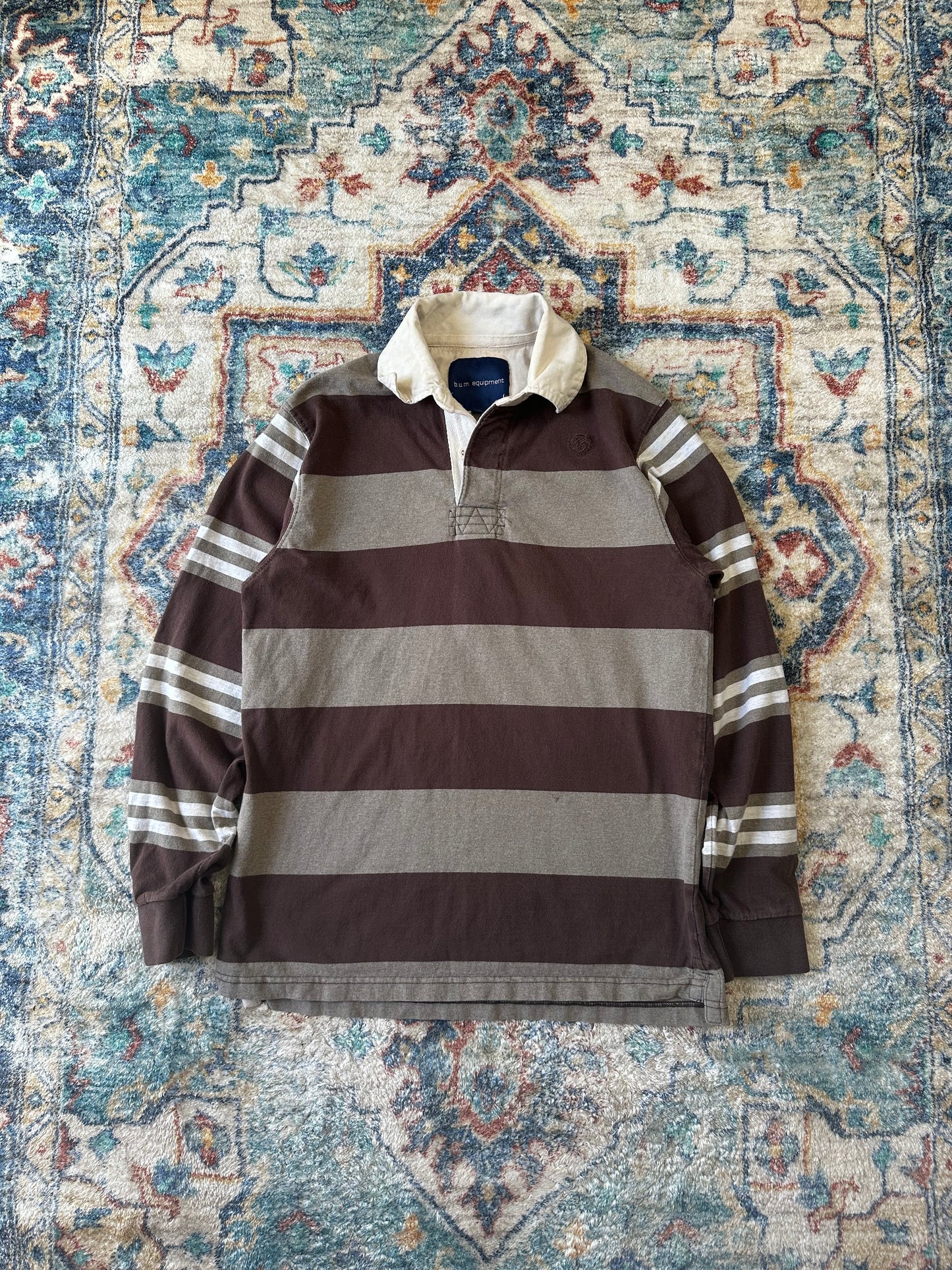 00s B.U.M Equipment Brown Striped Polo Shirt - S