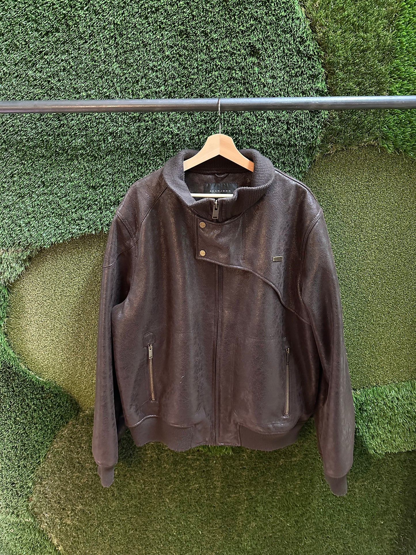 00s Sean John Fur Line Brown Leather Jacket - XXL