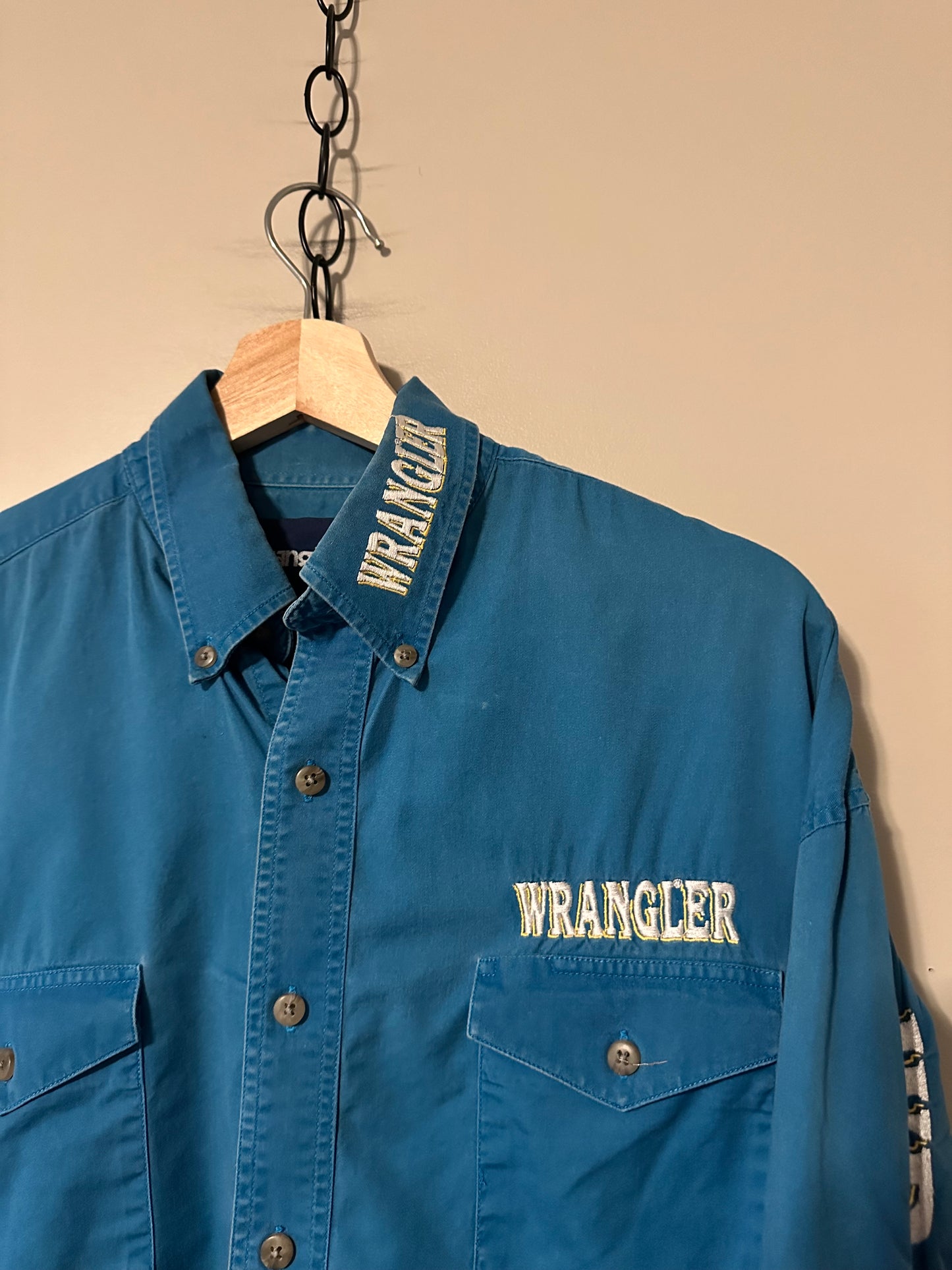 90s Wrangler Blue Spellout Western Button-up Shirt - L