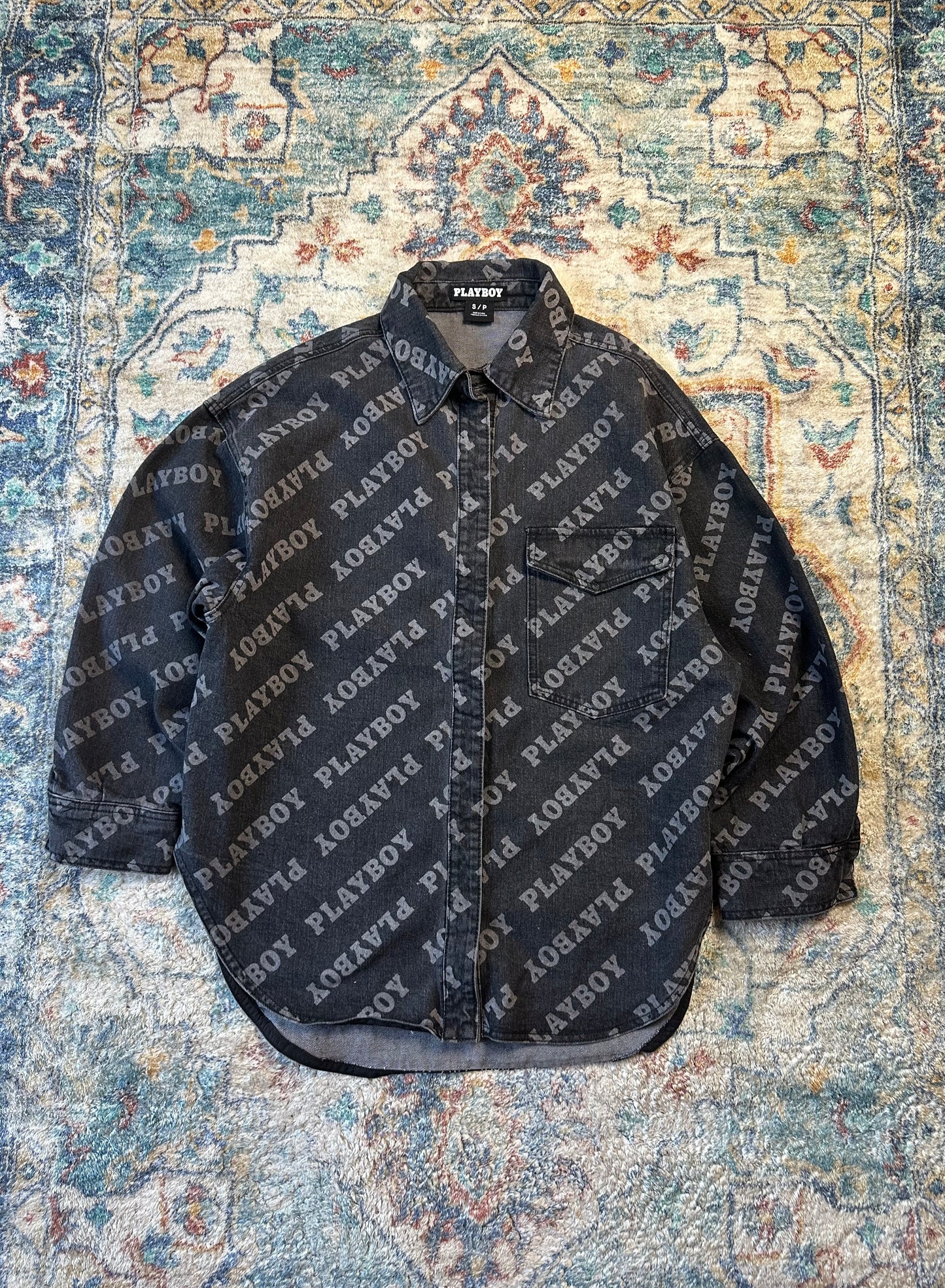 Playboy Spellout All Over Print Black Denim Jacket - S
