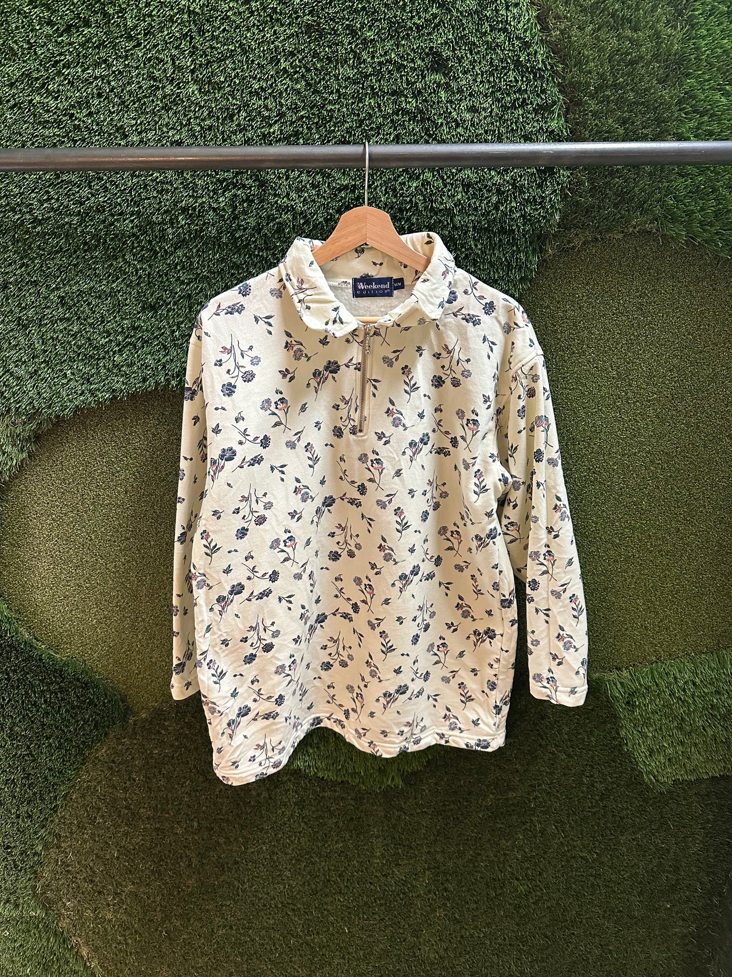 90s Floral 1/4 Zip-up Sweatshirt - M