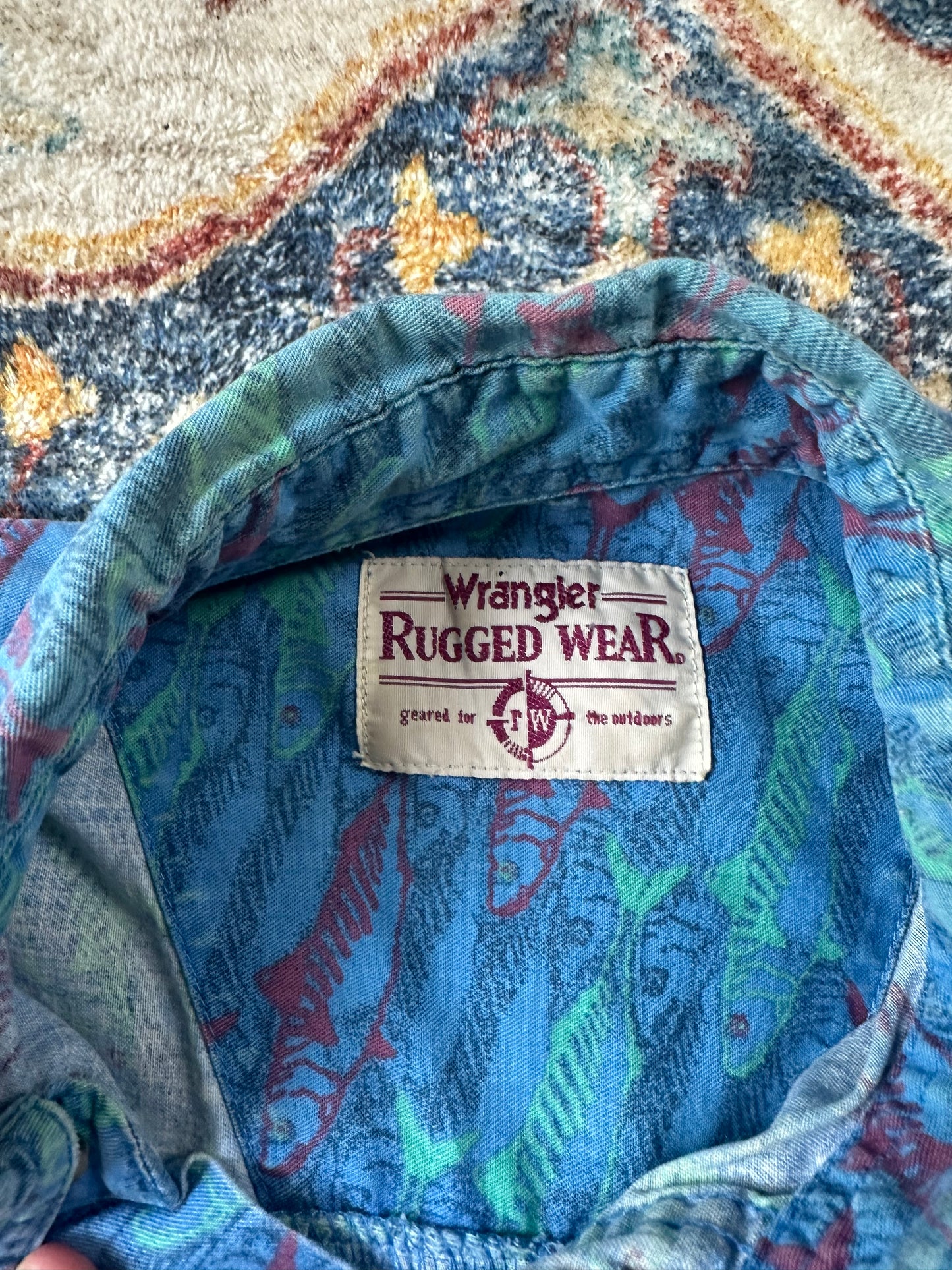 90s Wrangler Rugged Wear Fish All Over Print Button-up Shirt - XL