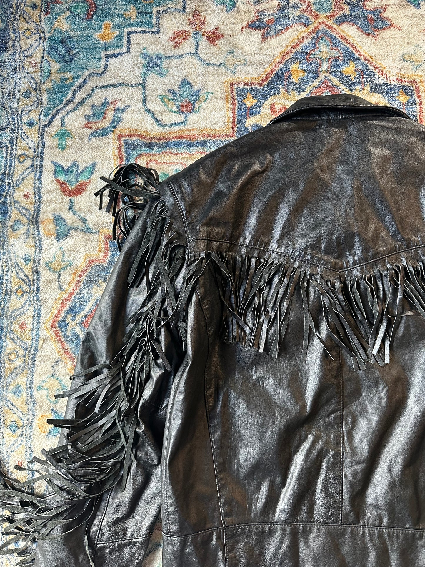 90s Black Tassel Leather Jacket - M