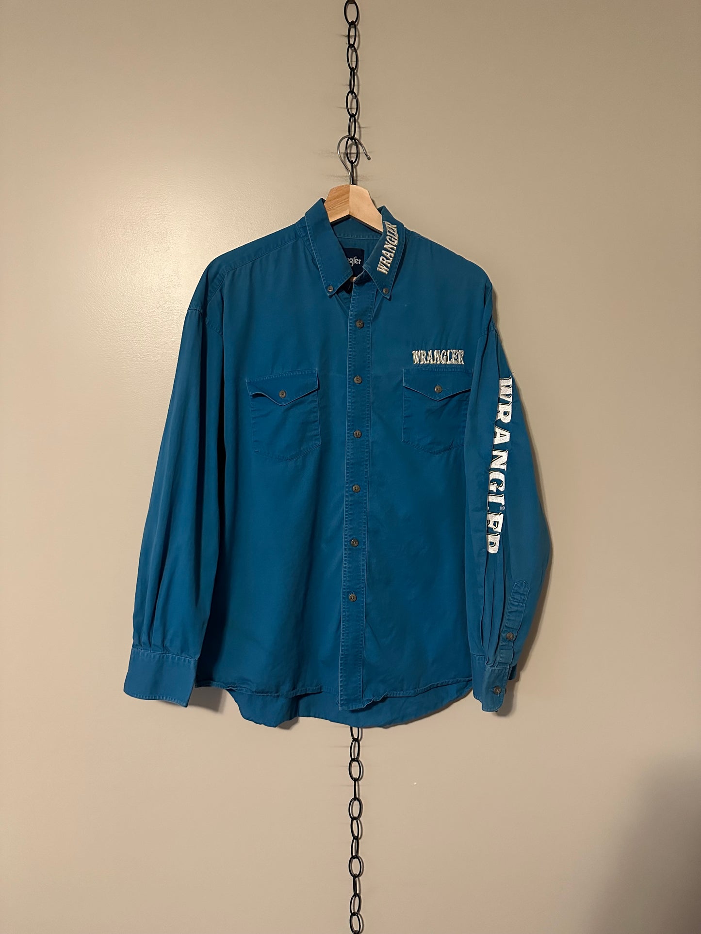 90s Wrangler Blue Spellout Western Button-up Shirt - L