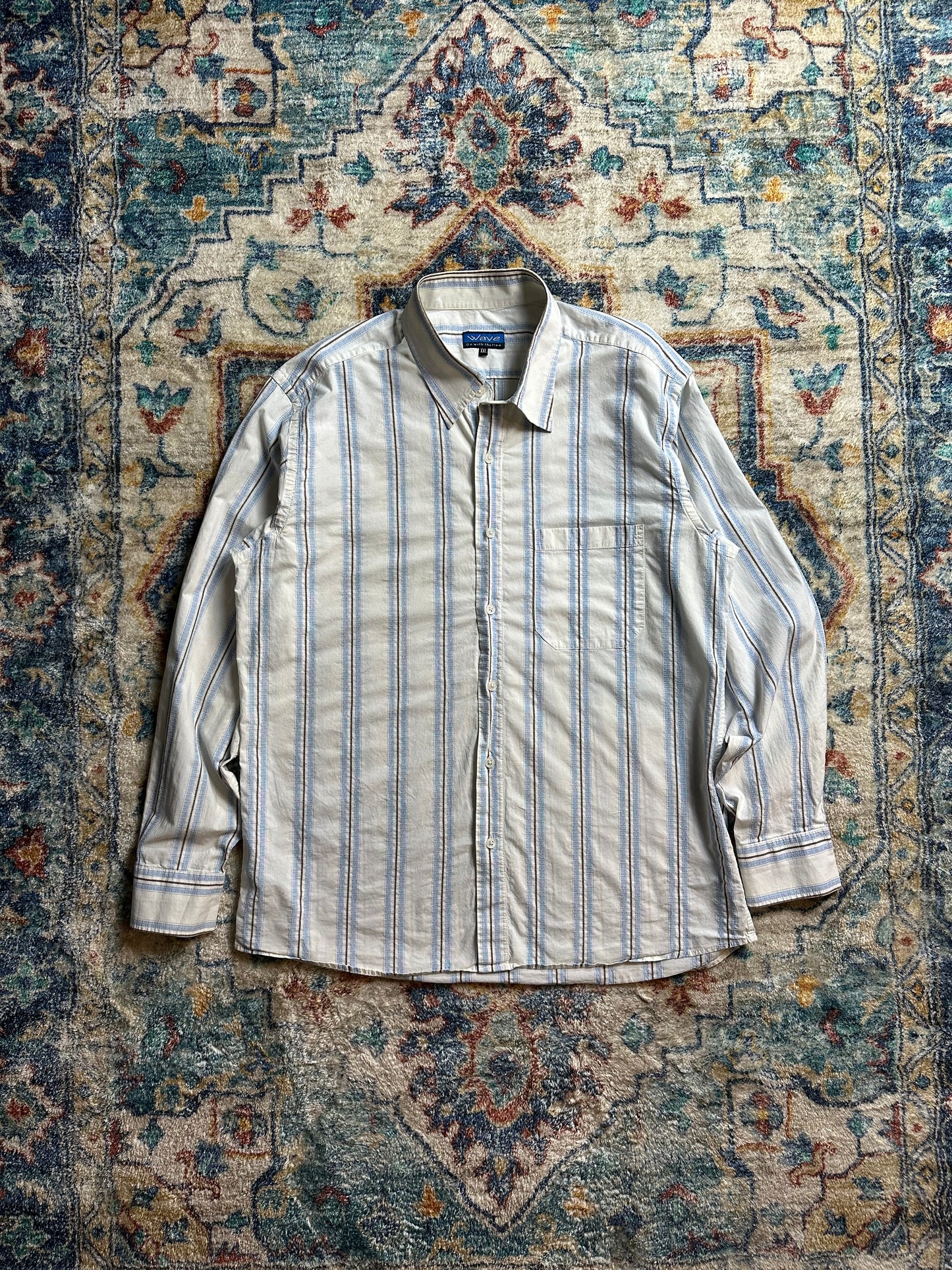 00s Blue White Striped Long Sleeve Button-up Shirt