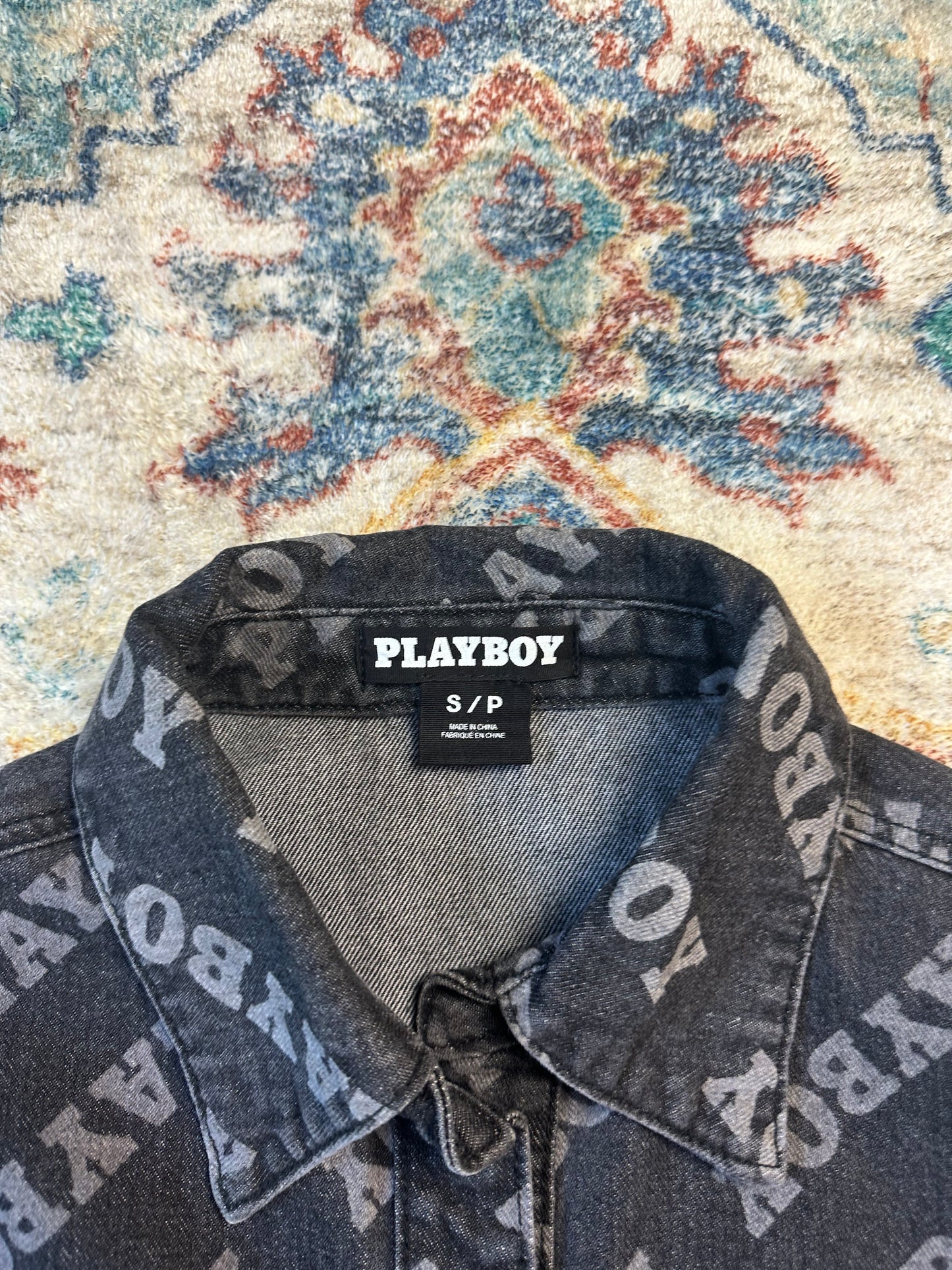 Playboy Spellout All Over Print Black Denim Jacket - S