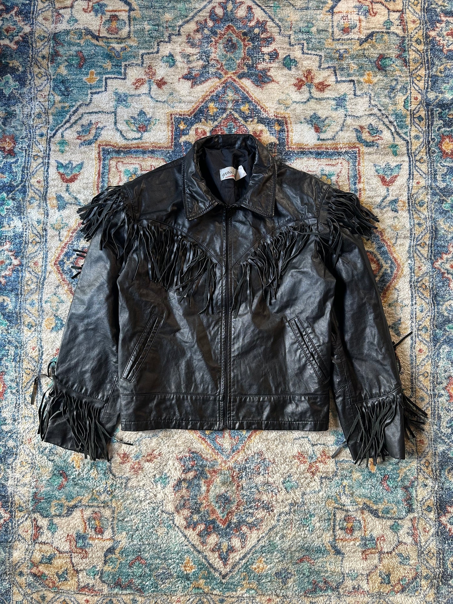 90s Black Tassel Leather Jacket - M