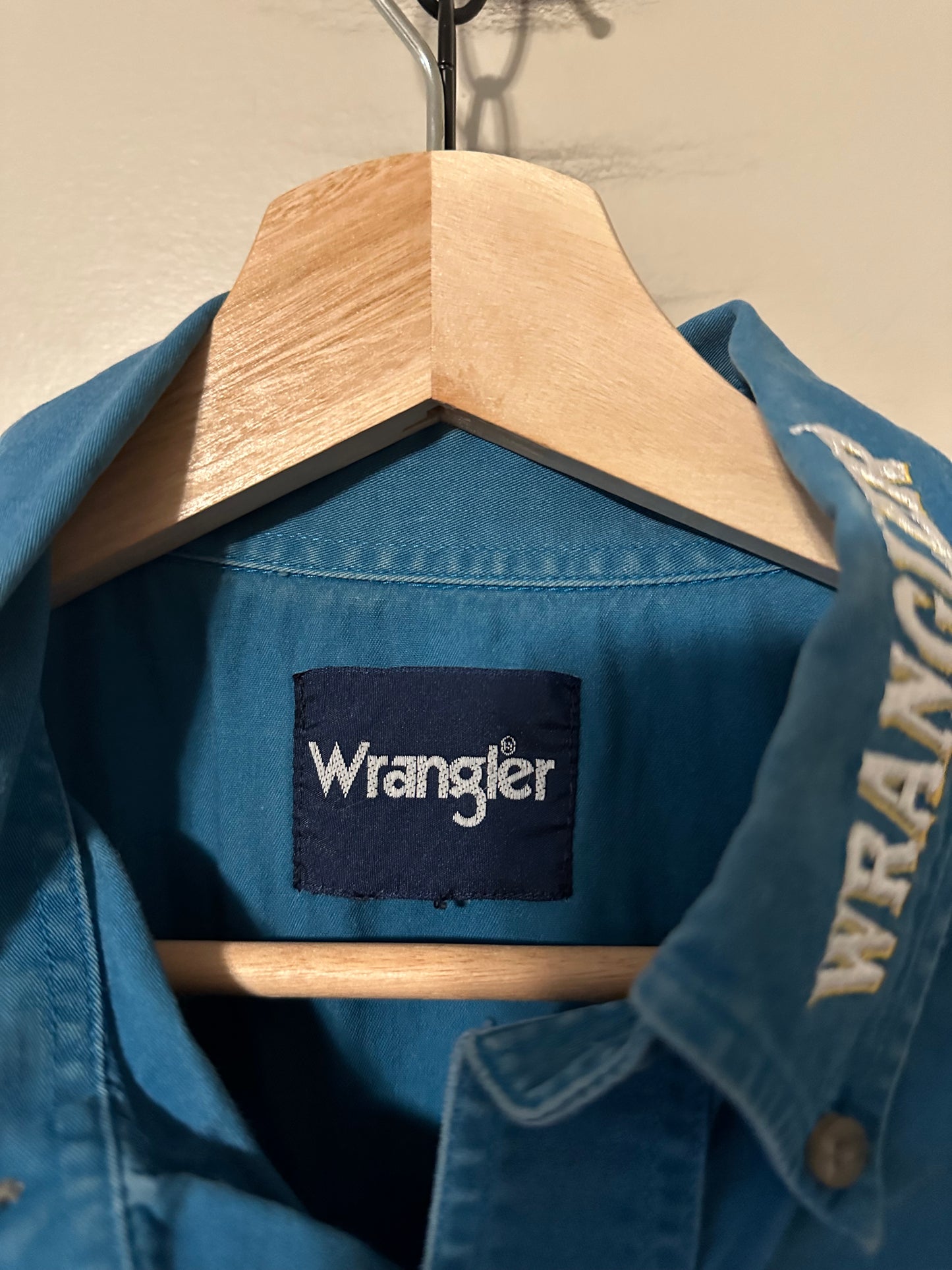 90s Wrangler Blue Spellout Western Button-up Shirt - L