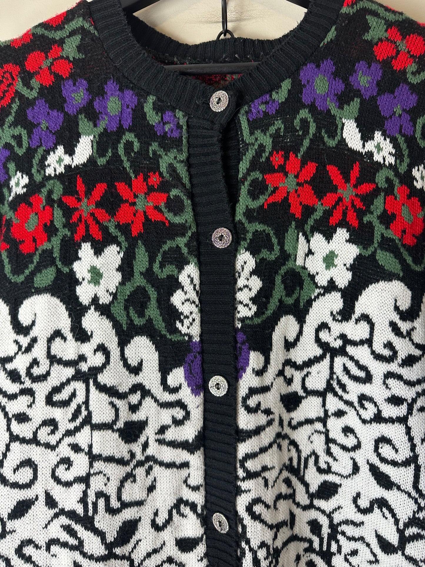 Vintage Floral All Over Pattern Norwegian Cardigan Sweater - L