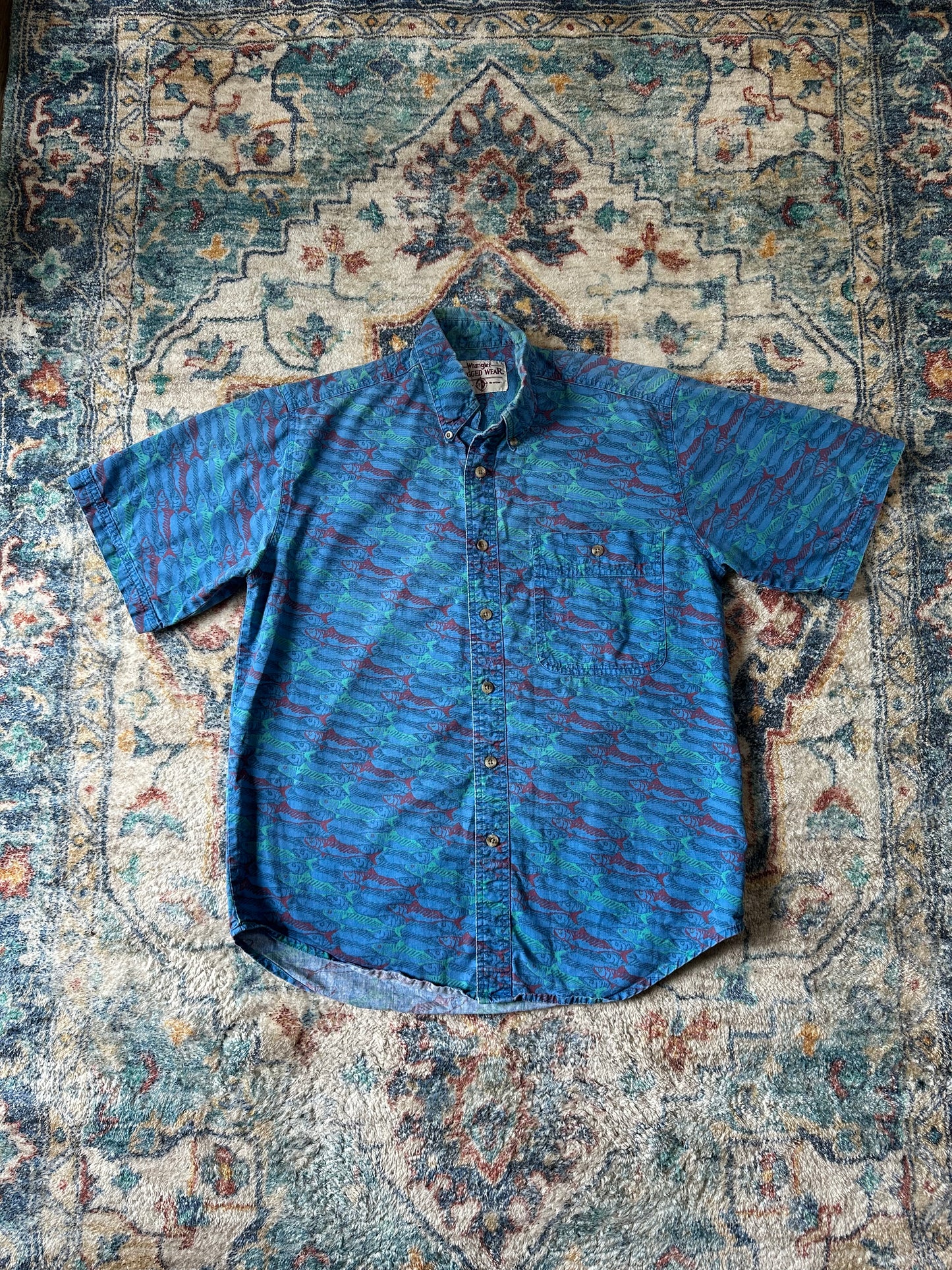 90s Wrangler Rugged Wear Fish All Over Print Button-up Shirt - XL