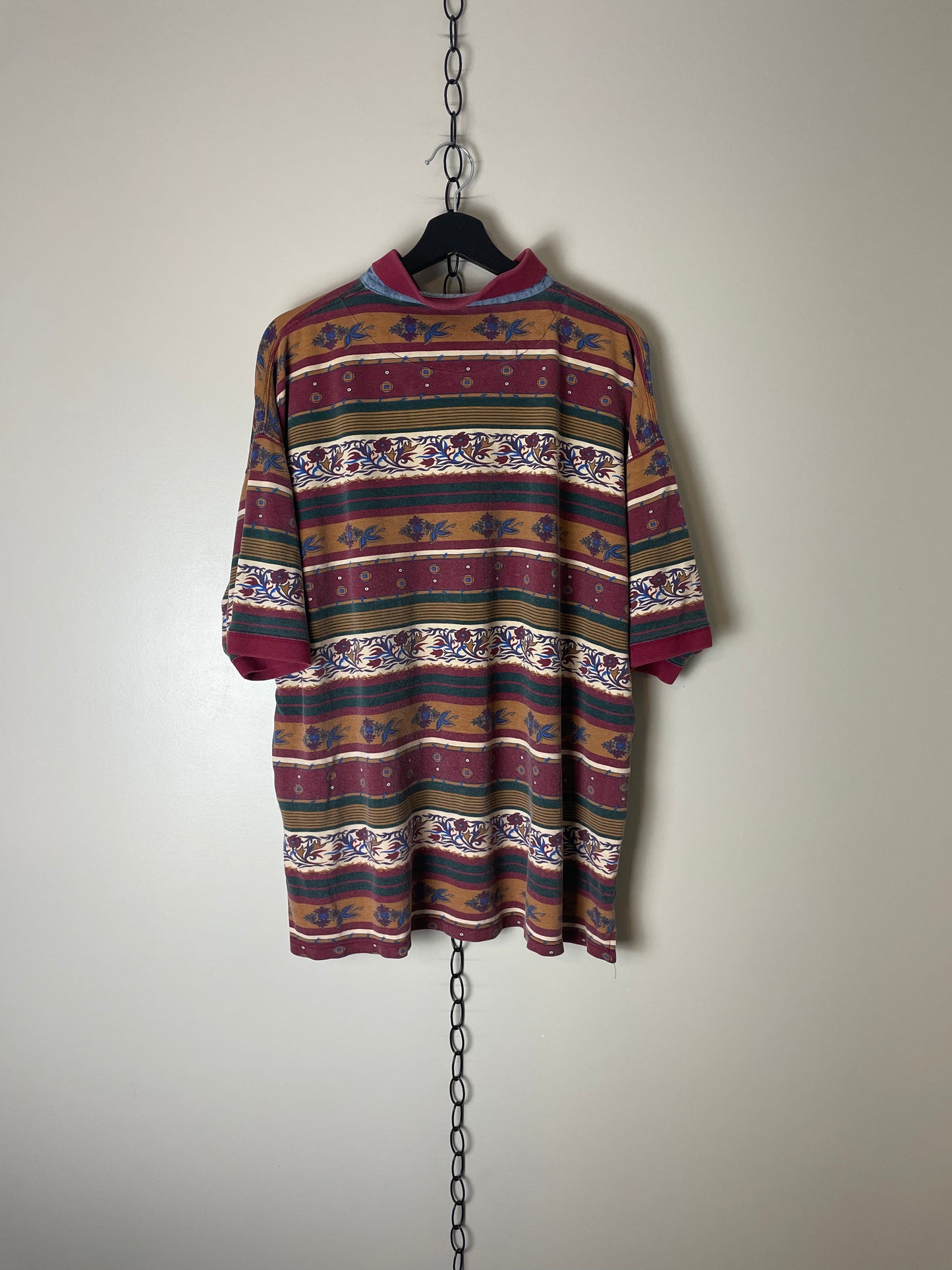 Vintage Floral Striped All Over Print Polo Shirt - XL