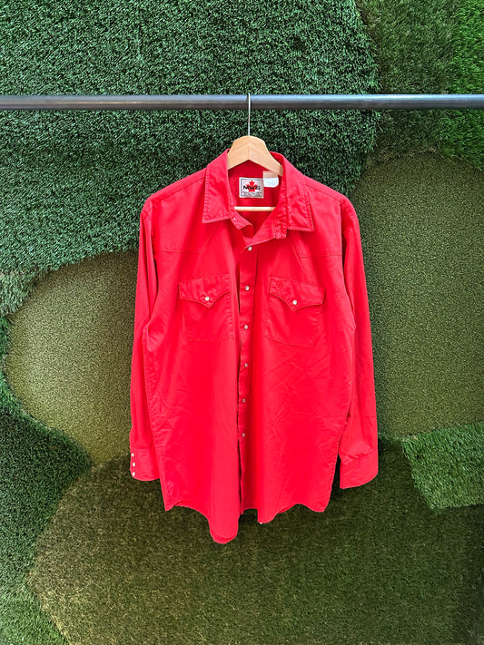 80s MWG Red Pearl Snap Western Shirt - L