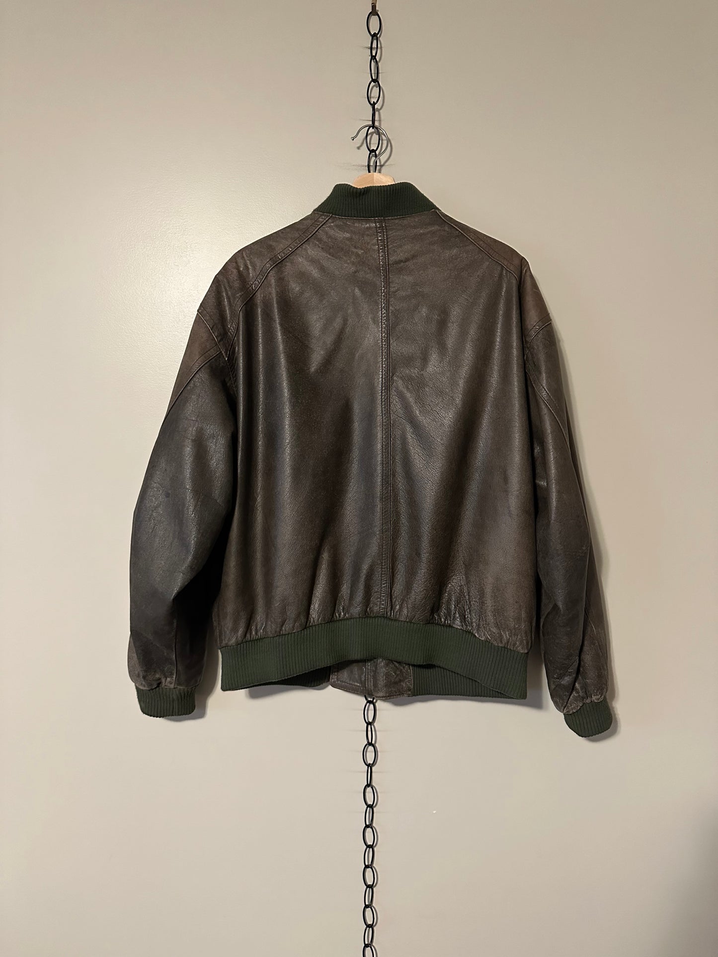 90s Brown Leather Bomber Jacket - L