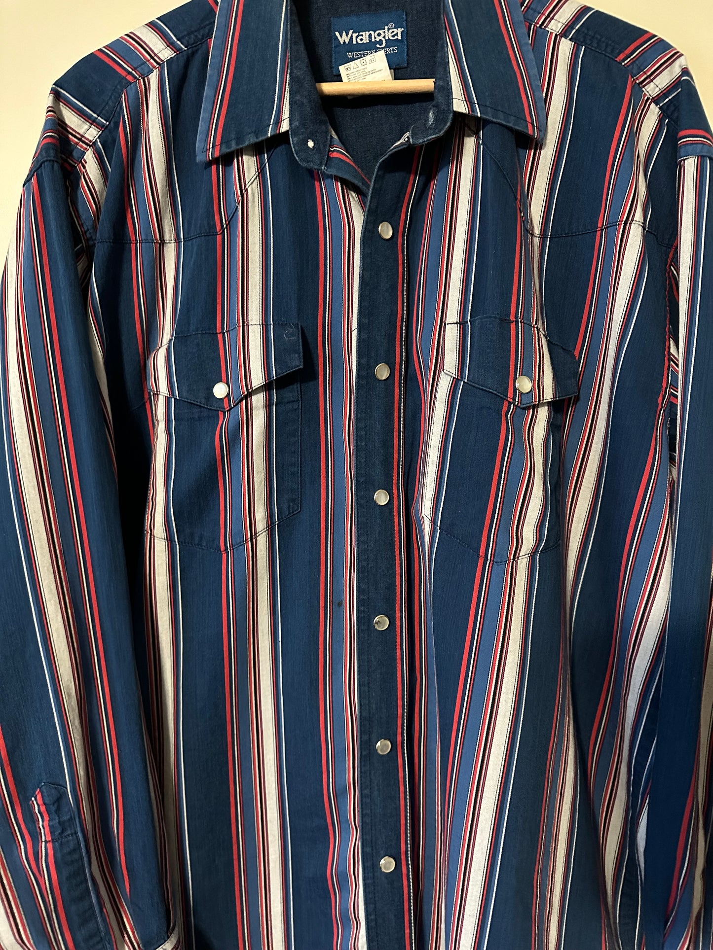 90s Wrangler Striped Pearl Snap Western Shirt - L