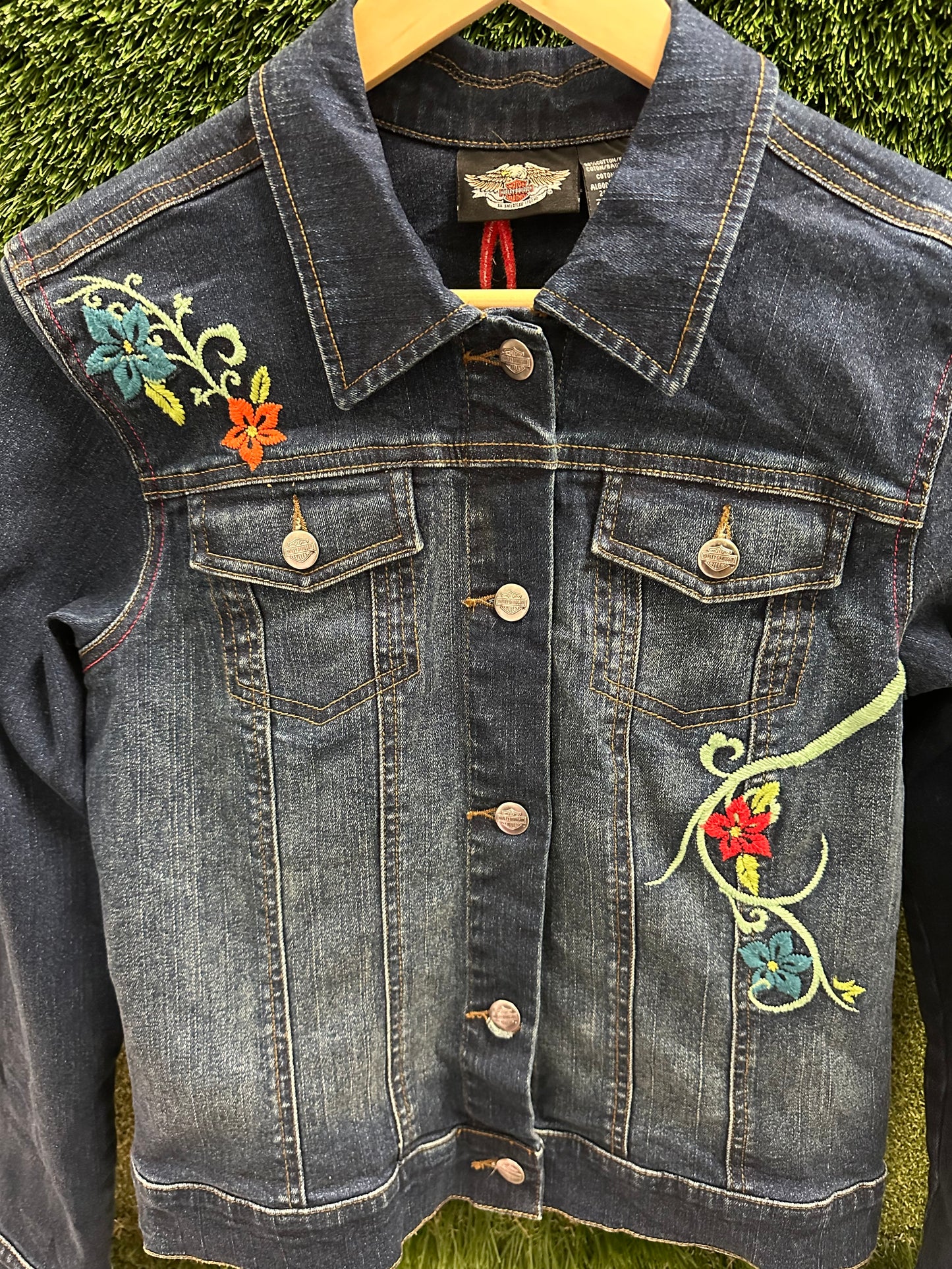 Vintage Harley Davidson Floral Denim Jacket - M