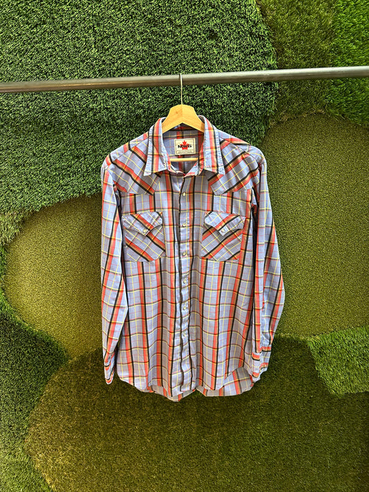 80s MWG Plaid Pearl Snap Button-up Shirt - L