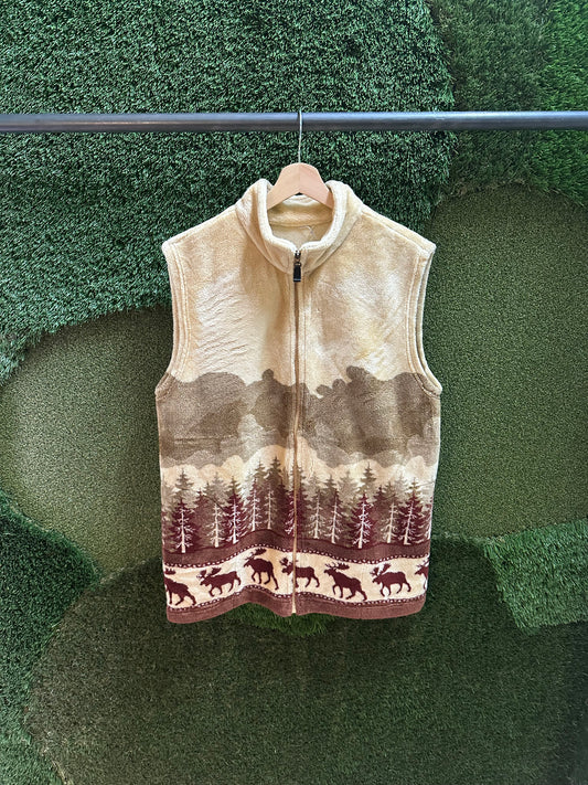 90s Moose Nature Wrap Around Print Zip-up Fleece Vest - L