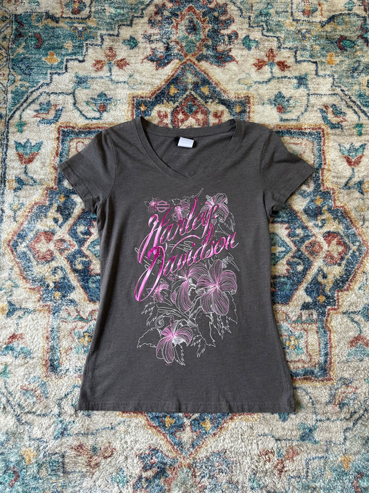 Harley Davidson Floral V-Neck T-shirt - M