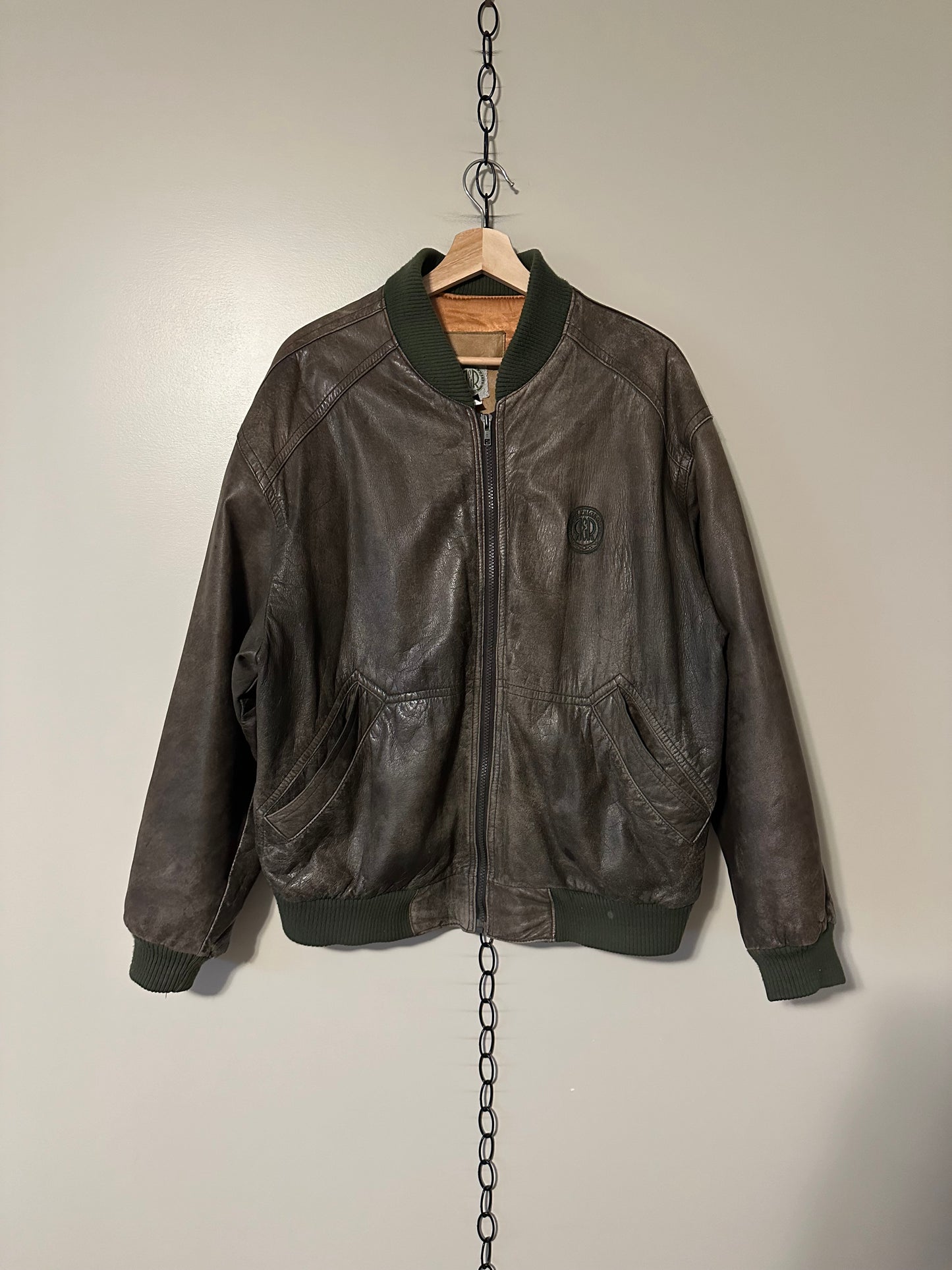 90s Brown Leather Bomber Jacket - L