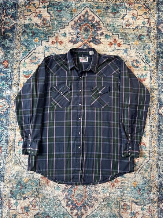 80s Western Craft Plaid Pearl Snap Shirt - XXL
