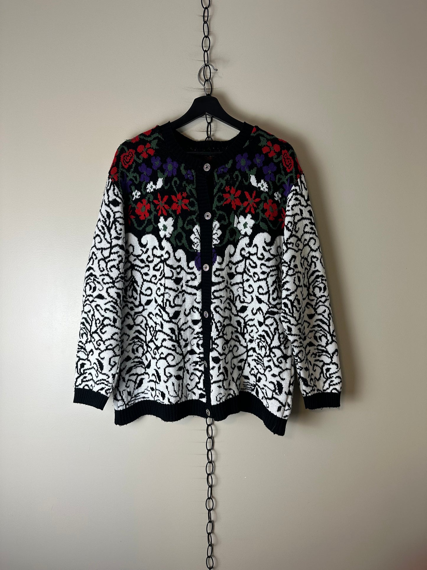 Vintage Floral All Over Pattern Norwegian Cardigan Sweater - L