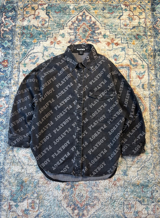 Playboy Spellout All Over Print Black Denim Jacket - S