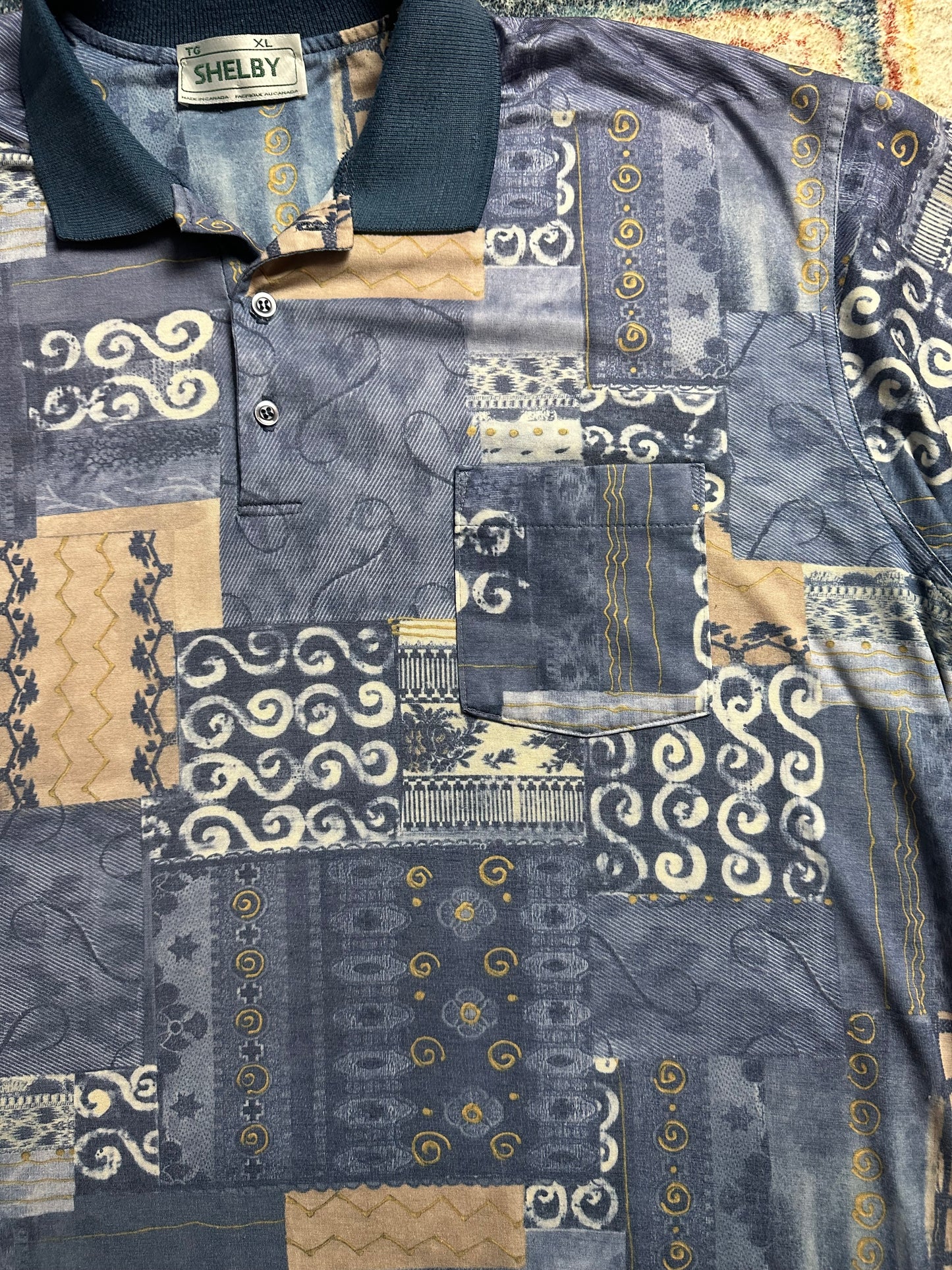 90s Shelby Abstract Patchwork Polo Shirt - XL