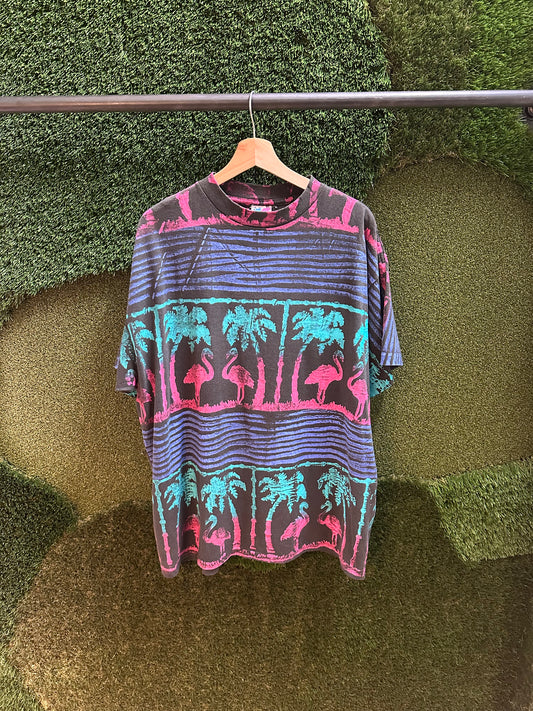 90s Flamingo All Over Print Painted T-shirt - XL