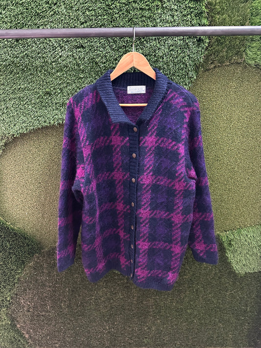 Vintage Edinburgh Collection Purple Plaid Cardigan Sweater - L