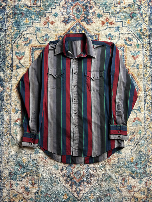 80s Striped Pearl Snap Shirt - XL