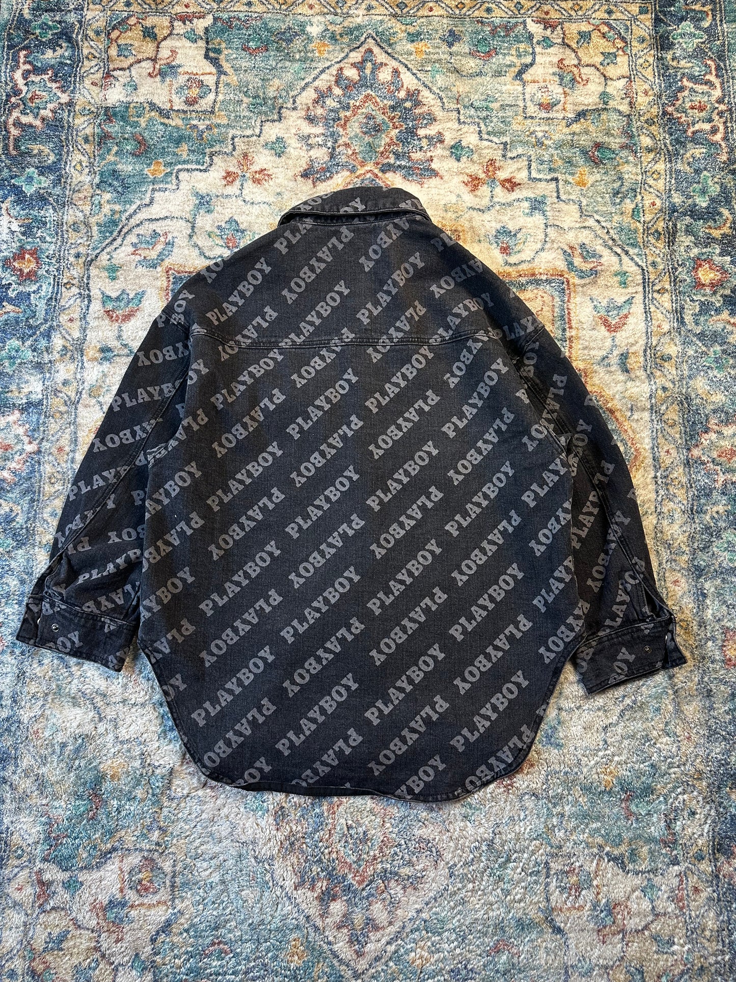Playboy Spellout All Over Print Black Denim Jacket - S