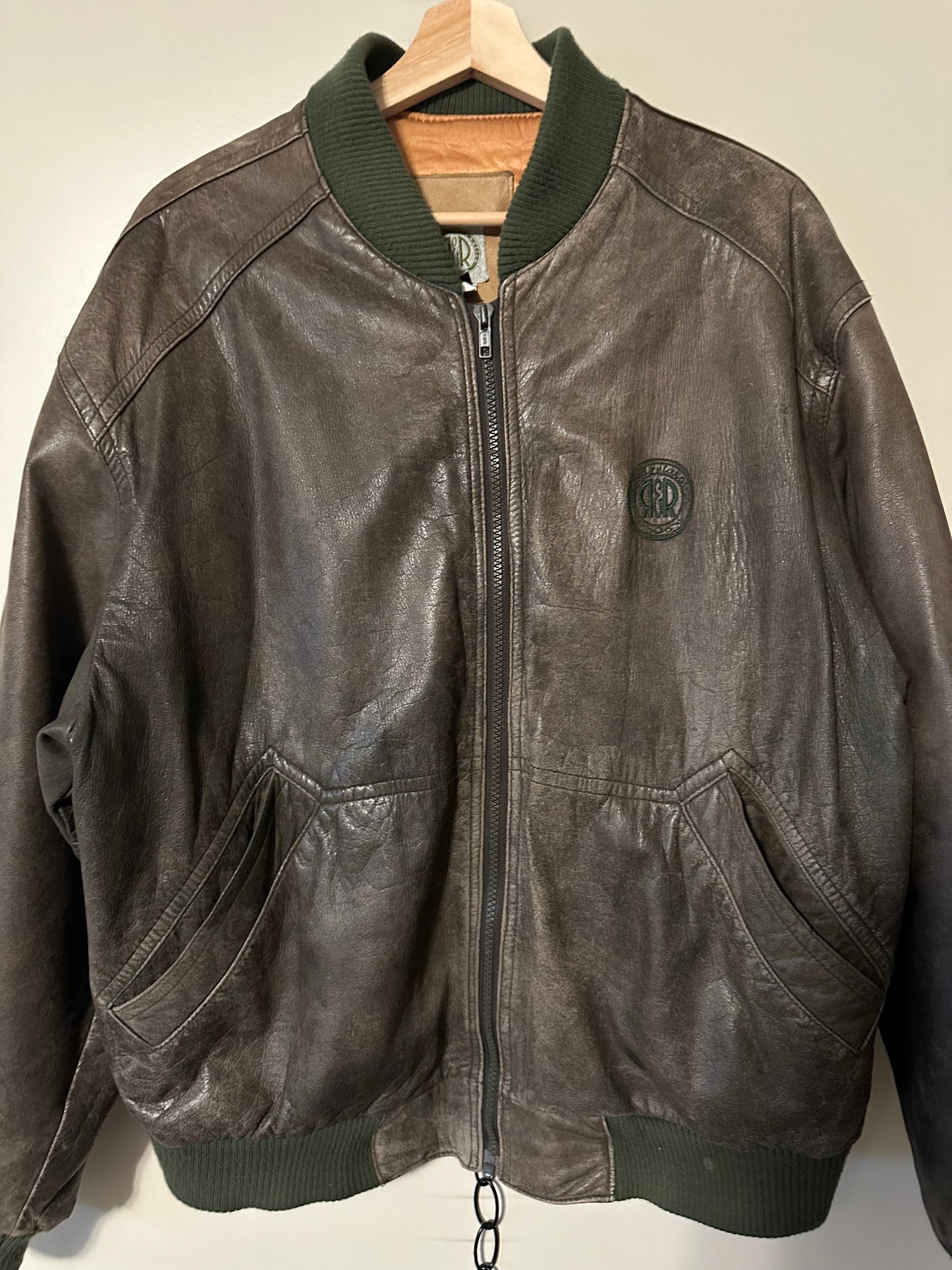 90s Brown Leather Bomber Jacket - L