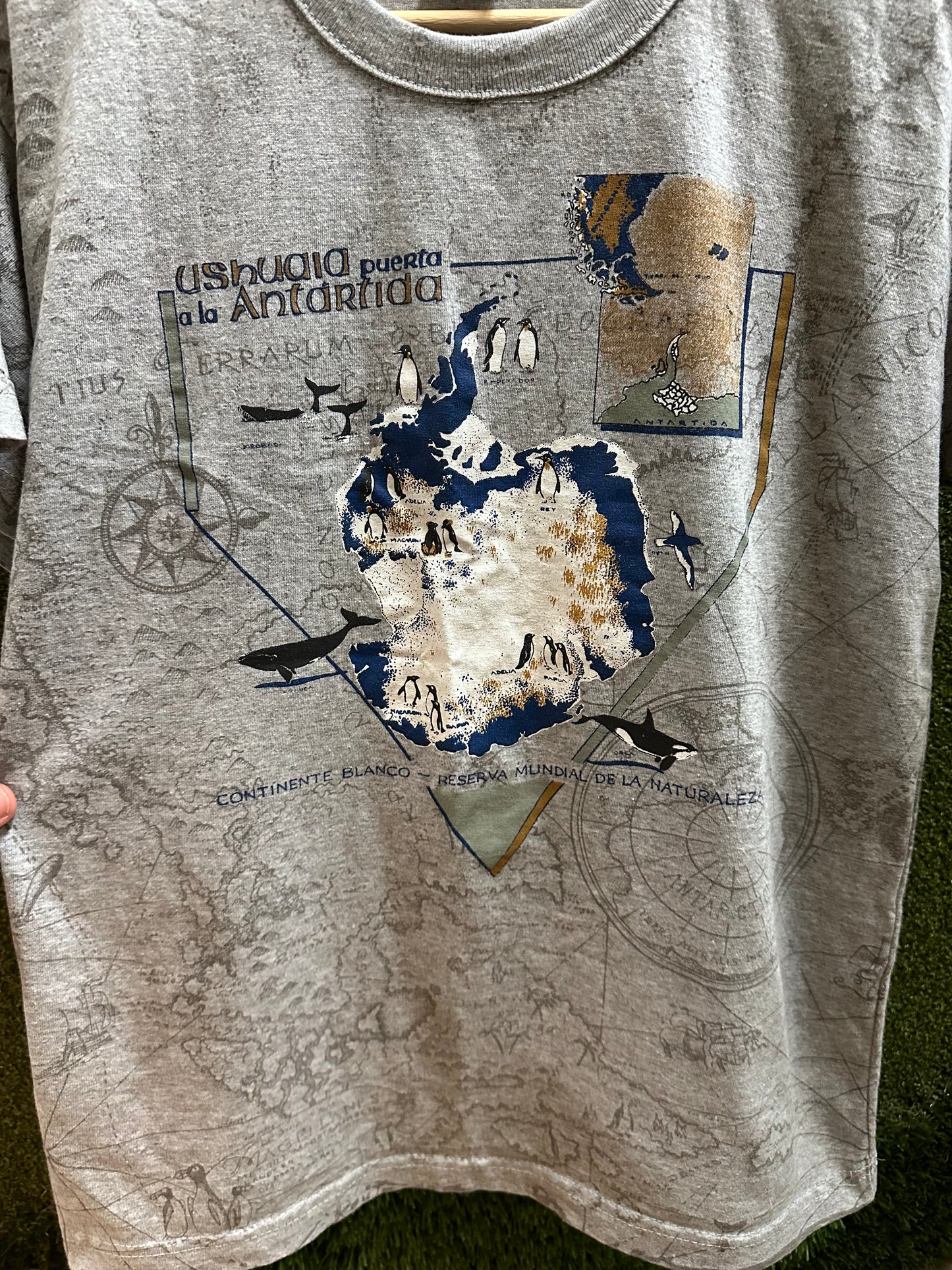 90s Antarctica Penguins Map All Over Print T-shirt - S