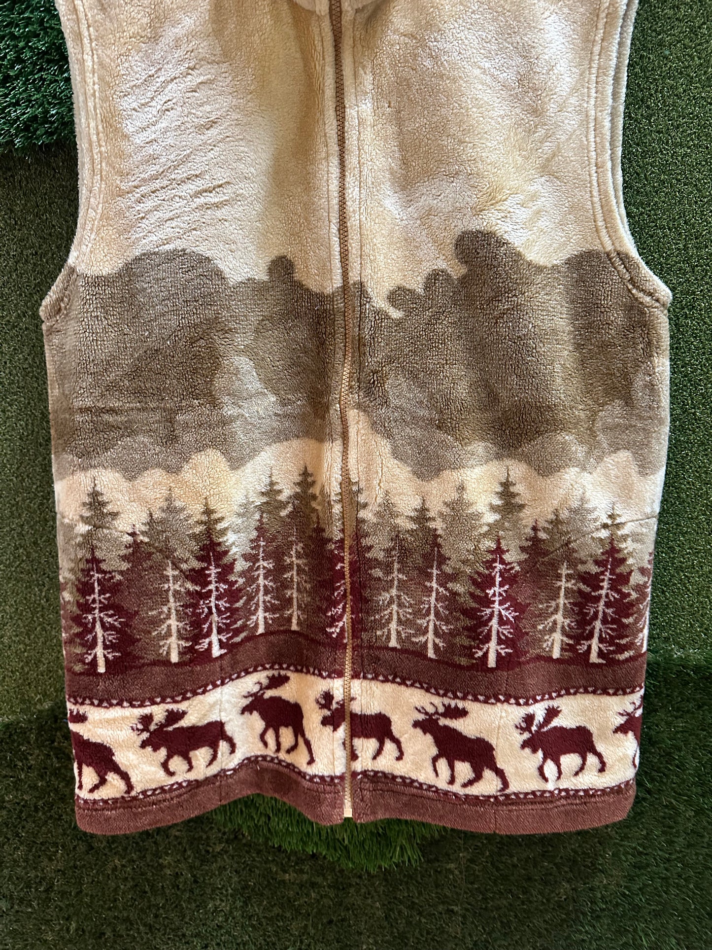 90s Moose Nature Wrap Around Print Zip-up Fleece Vest - L