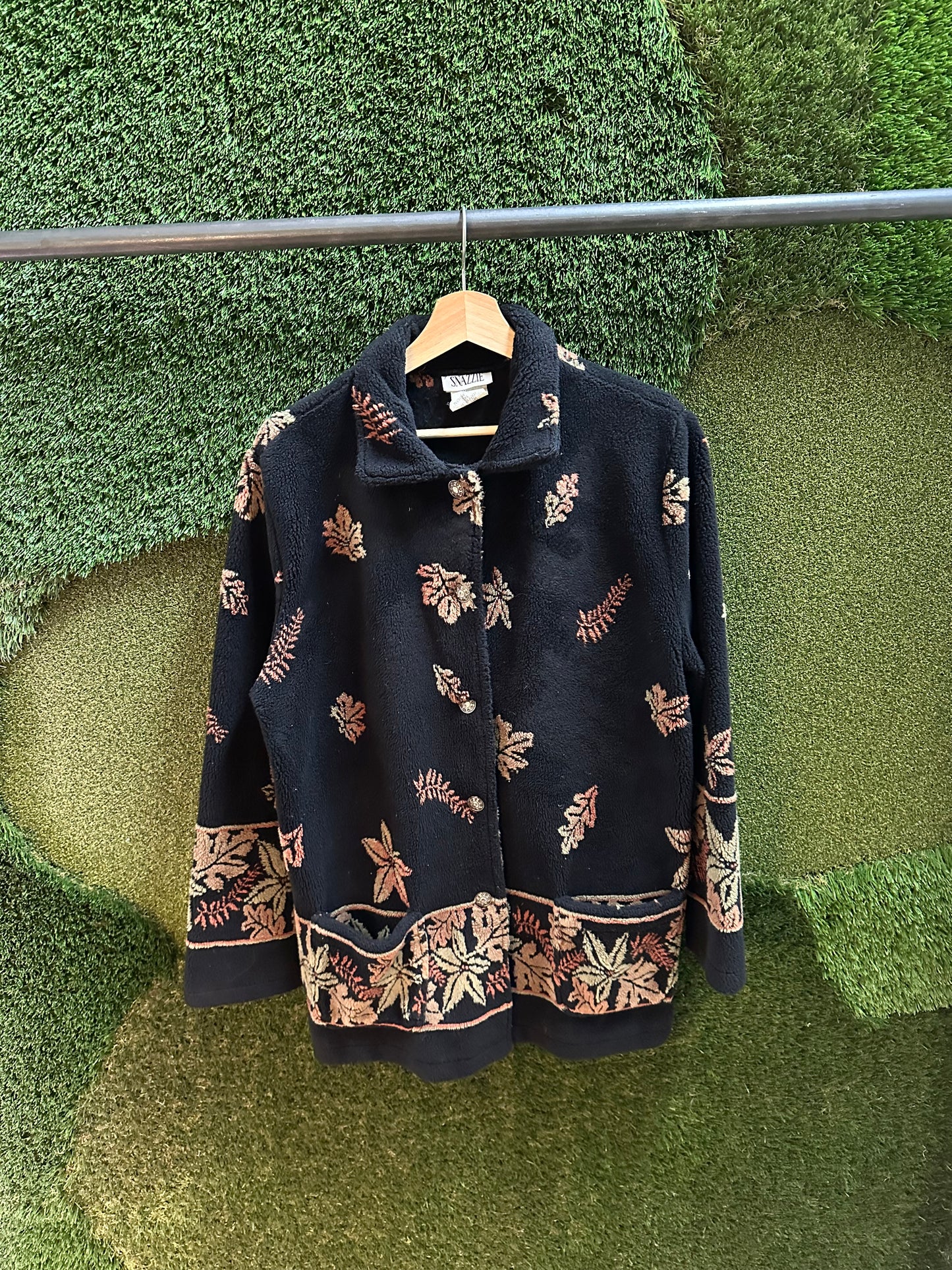 90s Leaves Wrap Around Button-up Fleece Jacket - L