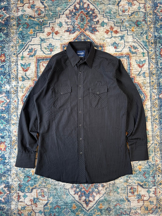 90s Wrangler Striped Black Tonal Pearl Snap Shirt - L