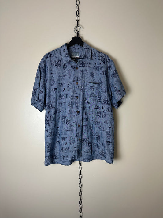 Vintage Sailboat All Over Print Button-up Shirt - L