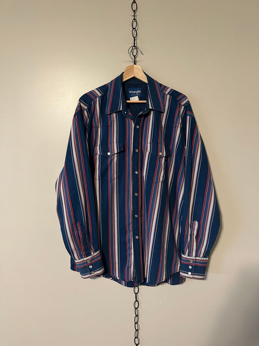 90s Wrangler Striped Pearl Snap Western Shirt - L