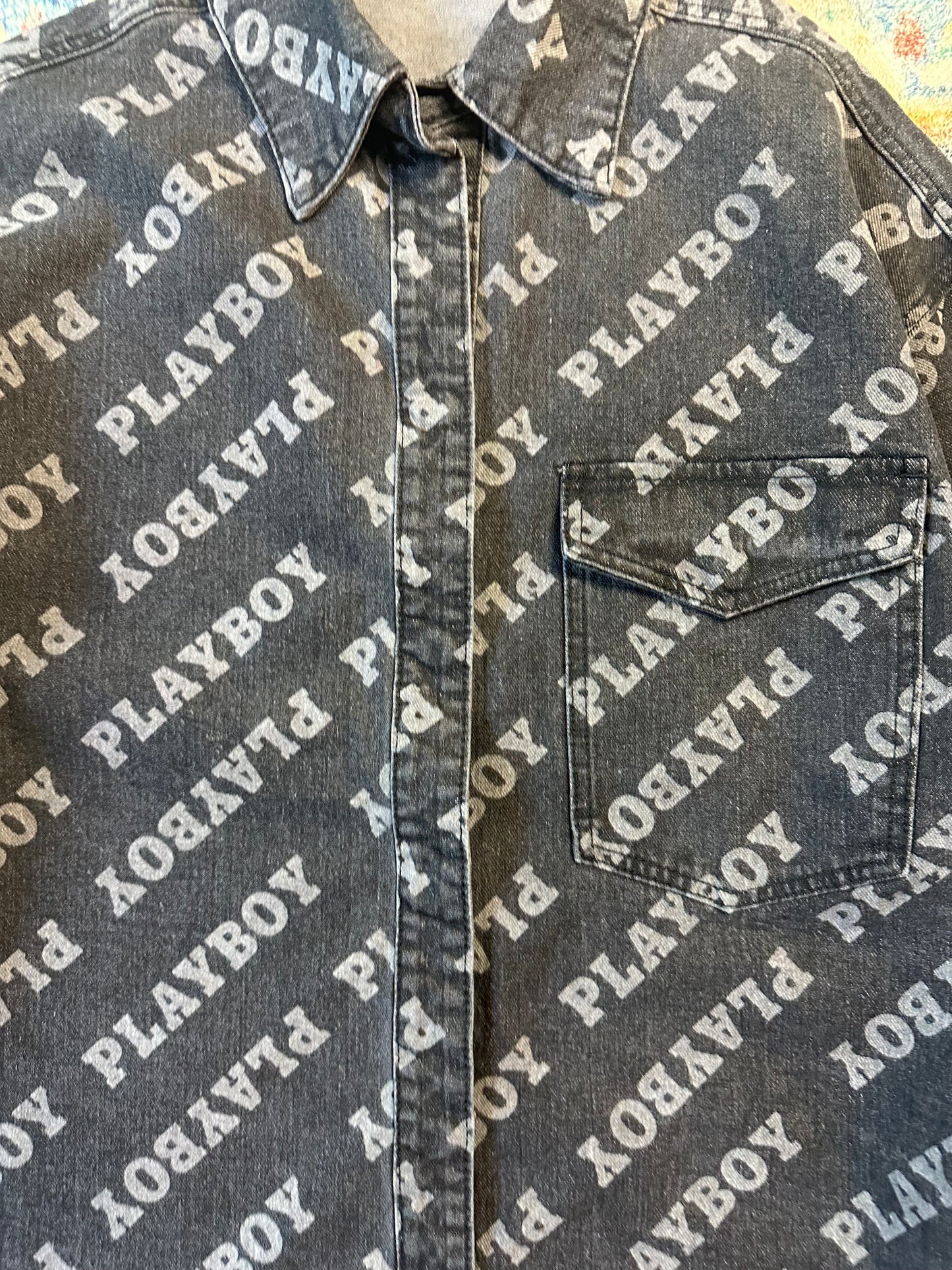 Playboy Spellout All Over Print Black Denim Jacket - S