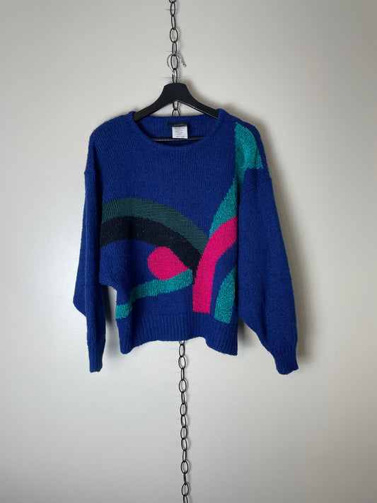 Vintage Patterned Colour Blocked Sweater - M